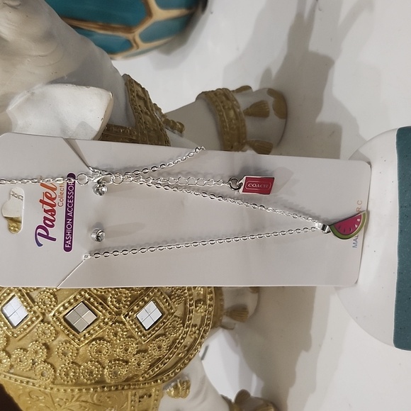 Coach Watermelon Pendant Necklace - Pink and Green On Unbranded Chain W/Studs - Picture 4 of 9